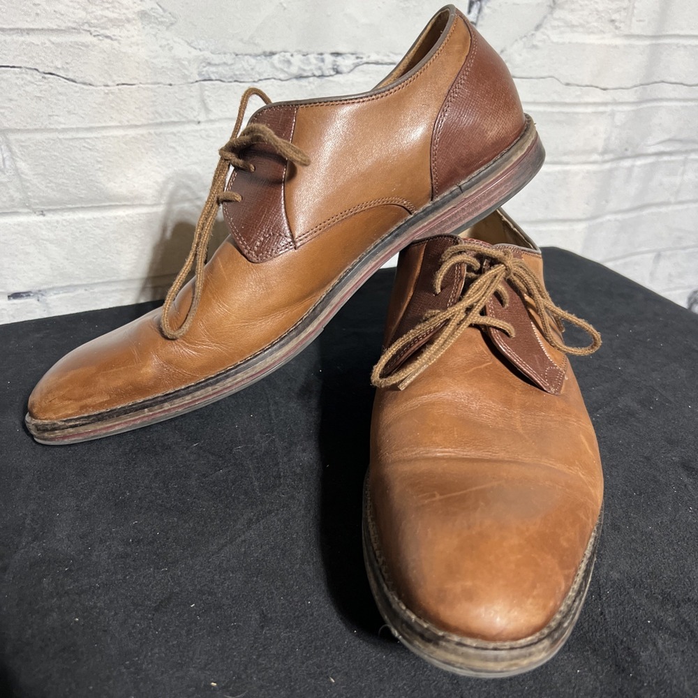 Clarks Mens Sz 9 Lace Up Tan Brown Two Tone Leather Saddle Oxford Dress Shoes